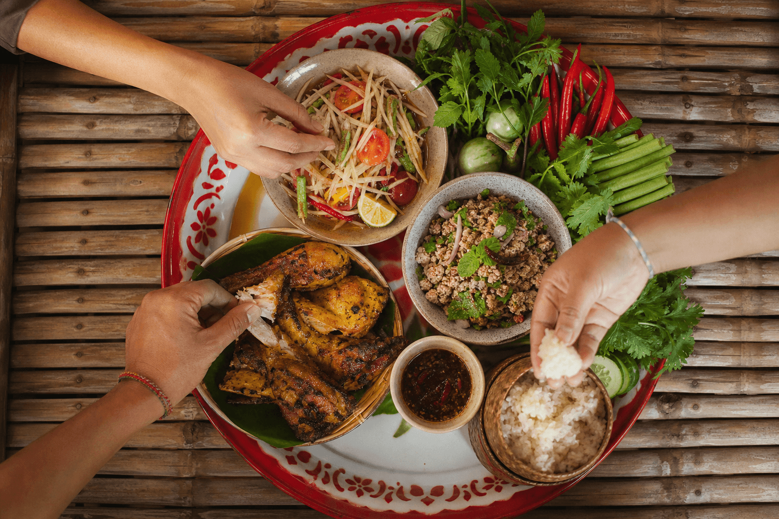 Friends sharing Som Tum, Laab, Kai Yang and sticky rice